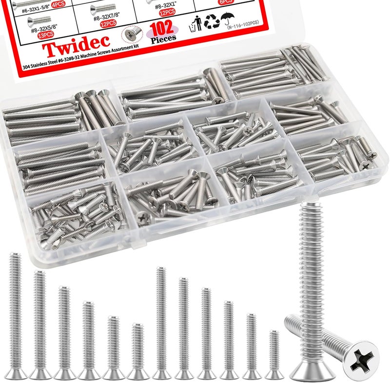 Twidec /Machine Screws Assortment kit,304 Stainless Steel Phillips Flat Head Electricians Screws #6-32#8-32 102PCS 5/8 to 2 inch Extra Long for Electrical Wall Plate Switch, Receptacles Mounting Screws - Image 1